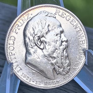 German Empire 2 Mark 1911 Bavaria Prince Regent Luitpold, Original coin, silver coin, very good condition, collector coin, very rare coin.
