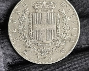 古い銀貨、イタリア 5 リラ銀貨、1874 年、銀 0.900
