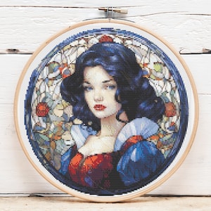 Stained Tales: Snow White, a Stained Glass Cross Stitch Pattern of Princess Snow White from the fairy tale Snow White