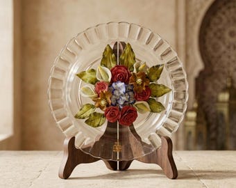 Plato de cristal marroquí floral hecho a mano | Plato decorativo para servir | Decoración artesanal para el hogar | Centro de mesa bohemio | Regalo marroquí único