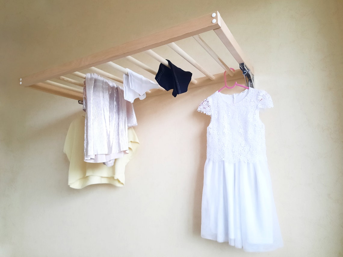 Clothes Drying Rack Solid Wood Wall Mounted Clothes Line Etsy Australia