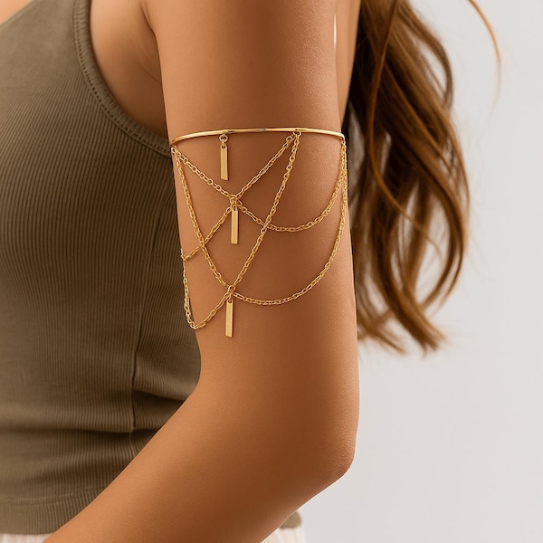 Gold Upper Arm Bracelet for Women – Open Cuff Bangle Rectangle Stick & Tassel Charm | Summer Party Jewelry | Boho Festival Armlet Accessory