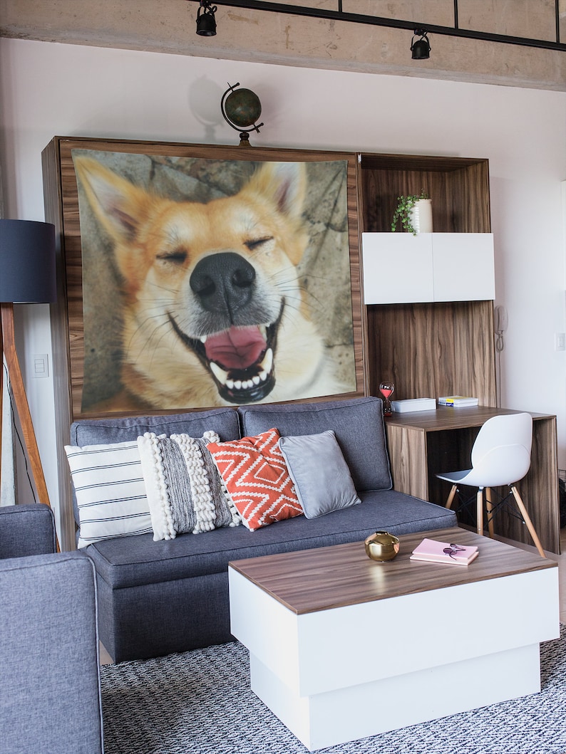 May include: A gray couch with pillows in a living room setting. The couch has a tapestry hanging above it featuring a close-up of a dog's face with its mouth open and tongue sticking out.