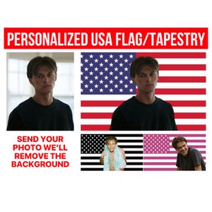 Puede incluir: Imagen promocional de tapices personalizados con la bandera de EE. UU. La imagen presenta la foto de una persona incorporada en el diseño de la bandera estadounidense. El texto dice: "PERSONALIZED USA FLAG/TAPESTRY" y "SEND YOUR PHOTO WE'LL REMOVE THE BACKGROUND."