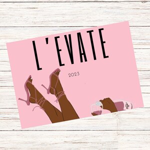 May include: Pink and black illustration of a woman's legs in high heels, holding a glass of wine. The text "L'EVATE 2023" is at the top of the image.