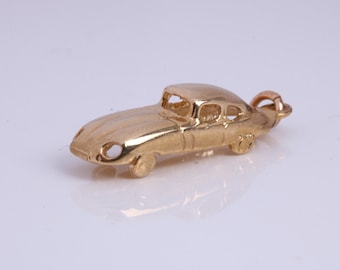 E Type Jaguar Car Charm, Made From Solid 9ct Yellow Gold, British Hallmarked and Complete With Attachment Link