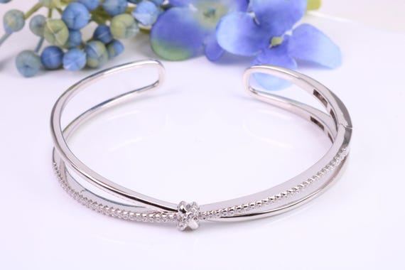 Bracelet Jonc Ouvert Vintage En Argent Massif Avec Pierres Vertes - Style Moderniste