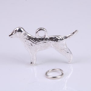 May include: Silver charm in the shape of a dog. The charm has a textured surface and a loop for attaching to a necklace or bracelet.