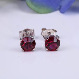 5 mm Round Ruby Red Cubic Zirconia set Stud Earrings, Made from Solid Cast Sterling Silver