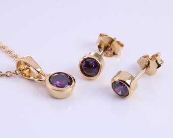 February Amethyst C Z set Necklace and Matching Stud Earrings, made from solid Sterling Silver and 18ct Yellow Gold Plated