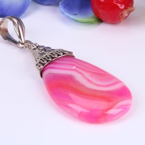Large Pink Agate set Silver Pendant