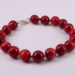 Natural 10 mm Round Red Coral Bracelet with Solid Silver Lobster Claw Lock