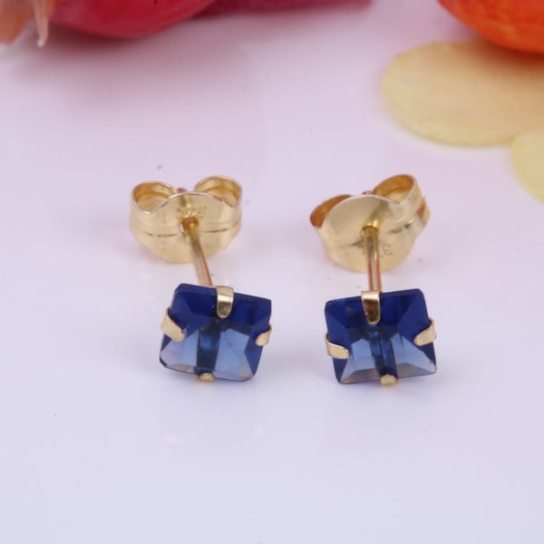 September Blue Sapphire Cubic Zirconia set Birthstone Stud Earrings, Made from Solid 9ct Yellow Gold, Choice of Two Sizes