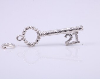 May include: Silver key charm with a twisted design and the number "21" on the end. The charm has a jump ring for attaching to a necklace or bracelet.