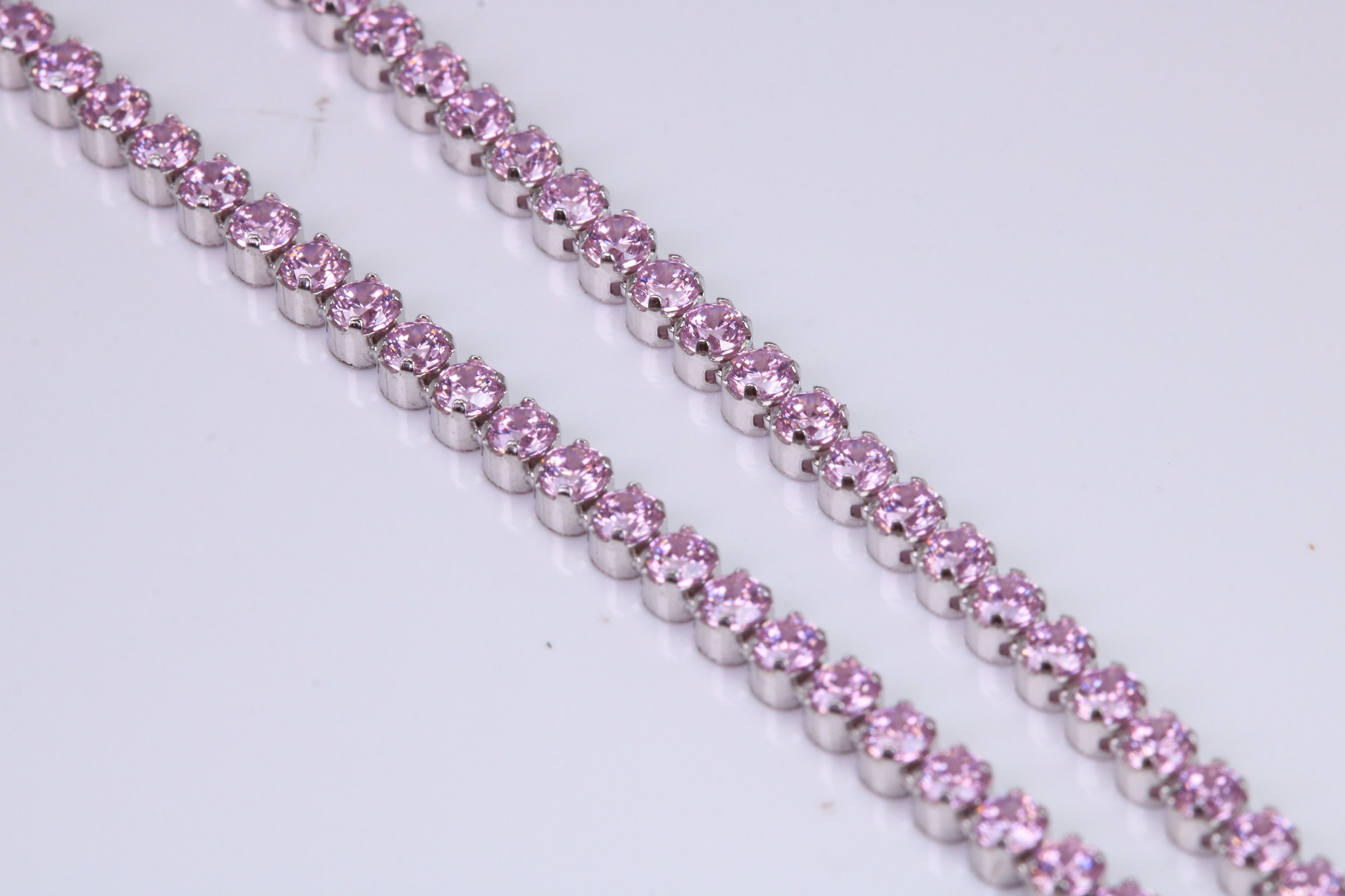 Ciondola Con Zirconi Rosa E Catena &ndash; Argento 925 &ndash; Gioiello Artigianale Handmade