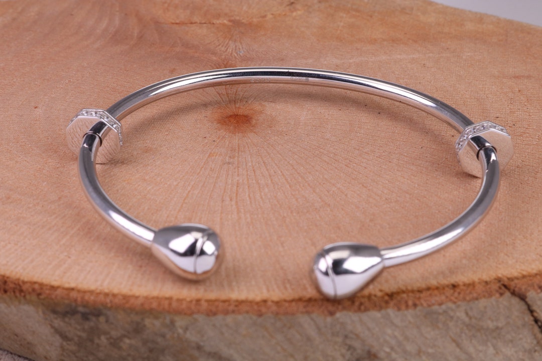 Oval C Z Set Open Ended Solid Silver Bangle - Etsy