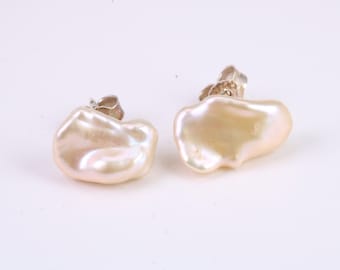 Freeform Natural Pearl Stud Earrings, set in Solid Silver