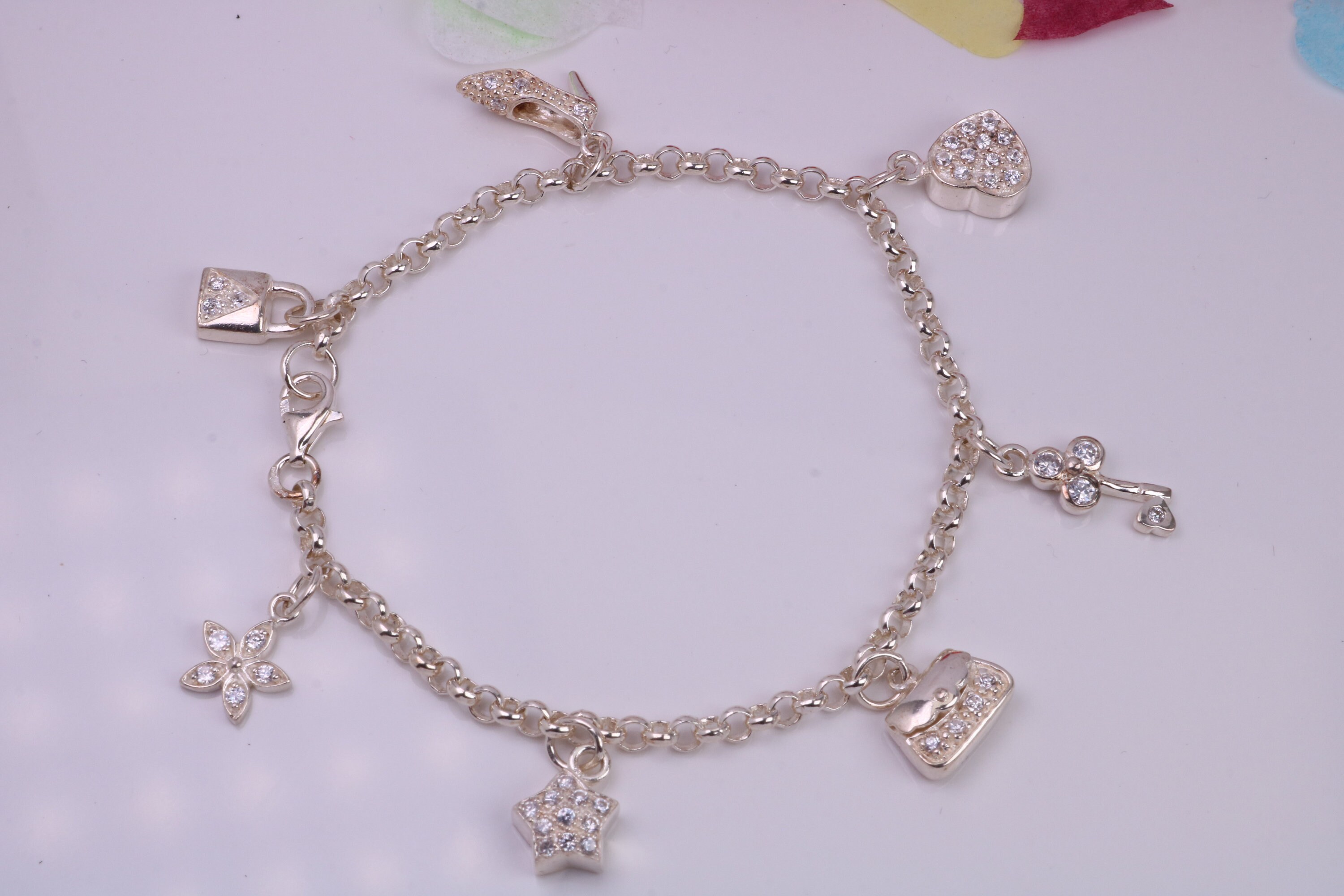 Charms Bracelet, Ready to Wear With Seven C Z Set Charms