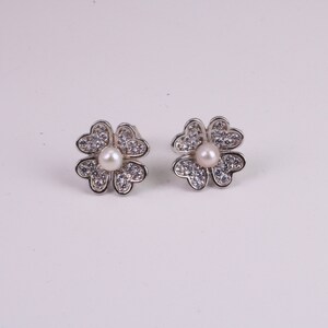 11 mm Round Natural Pearl and Cubic Zirconia set Stud Earrings, set in Solid Silver