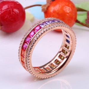 Very Dressy 7 mm wide Rainbow Cubic Zirconia set Ring, Made from solid Silver, 18ct Rose Gold Plated