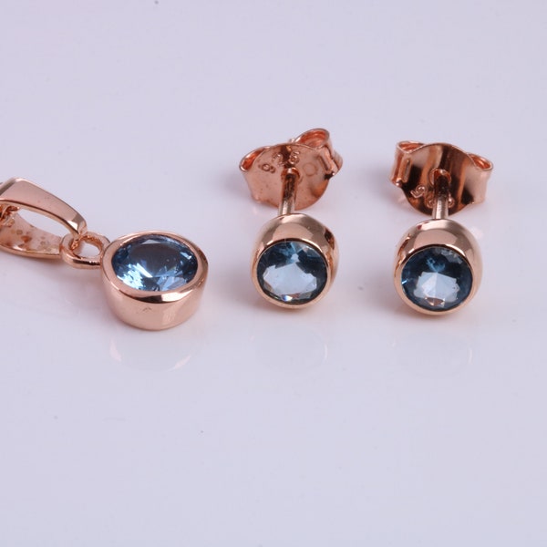 Collier de zircon bleu C Z de décembre et boucles d’oreilles assorties, en argent sterling massif et plaqué or rose 18 carats