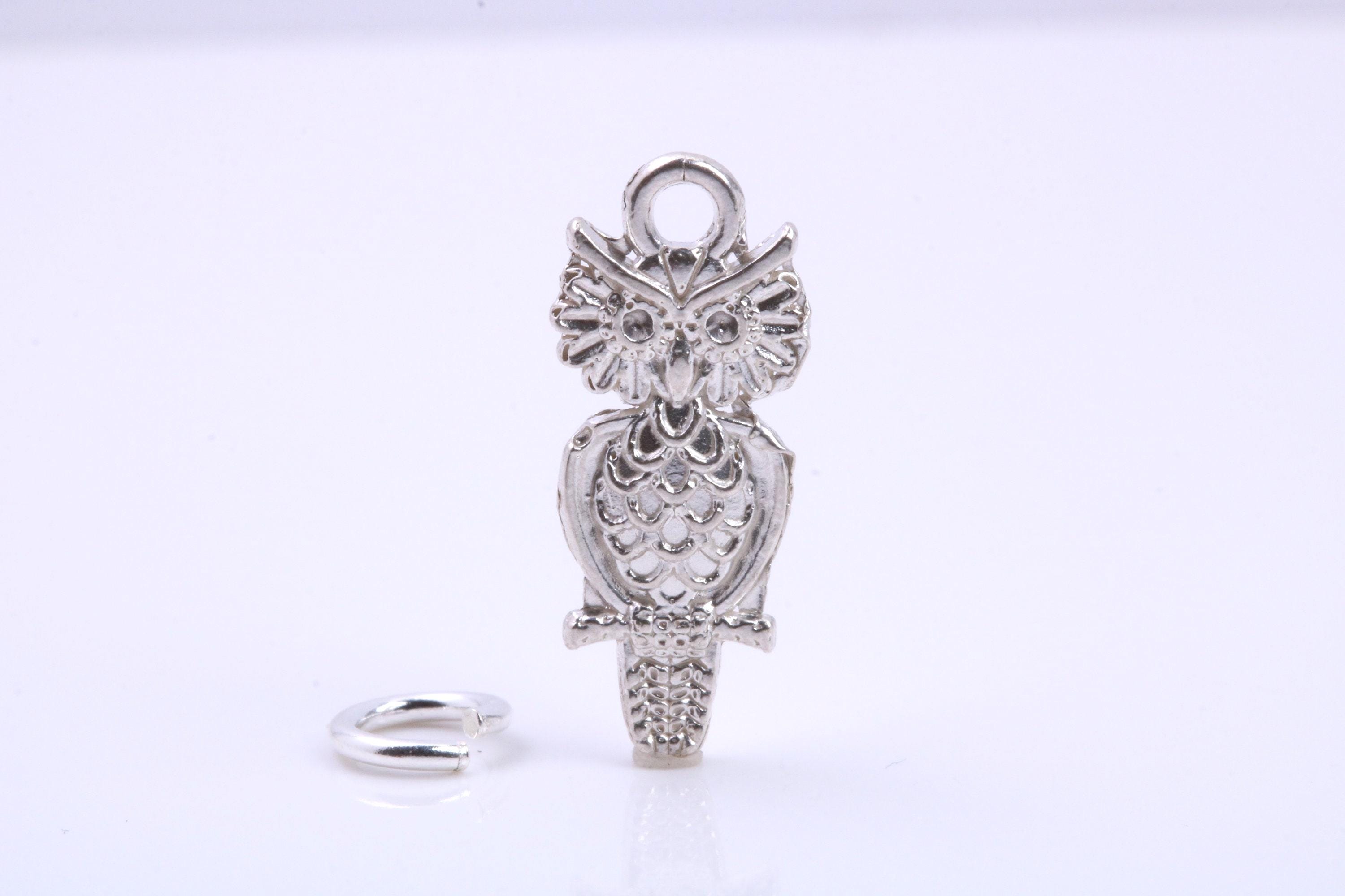 Owl Charm, Made from Solid Cast Silver, Complete with Attachment Link