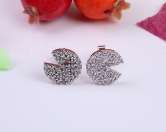 Pac Man Cubic Zirconia set Earrings, Very Dressy, Made from Solid 925 Grade Sterling Silver
