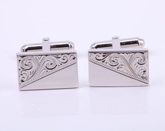 Hand Engraved Large Rectangle Solid Silver Cufflinks