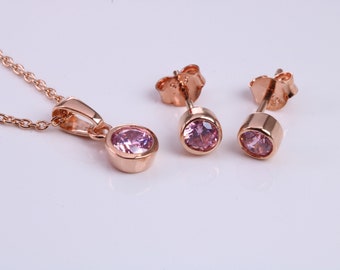 October Pink Rose C Z set Necklace and Matching Stud Earrings, made from solid Sterling Silver and 18ct Rose Gold Plated