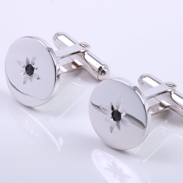 Natural Round cut Blue Sapphire set Solid Silver Cufflinks,