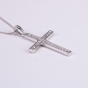 Natural Diamonds set Cross Necklace Together with 16 Inch Long Chain, Made from Solid White Gold with High Polished Finish