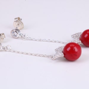 45 mm Long Natural Red Coral and Cubic Zirconia set Dropper Earrings, set in Solid Silver