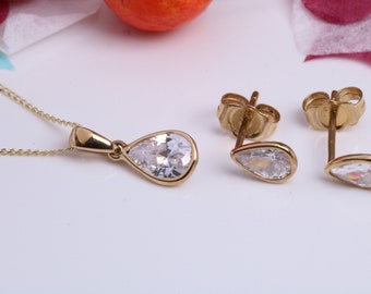 Teardrop C Z Set Necklace and Matching Stud Earrings, Made From