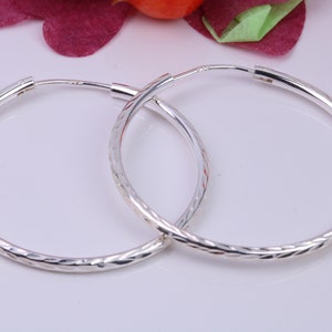 34 mm Round Diamond cut Sleeper Hoop Earrings Made from 925 Grade Sterling Silver