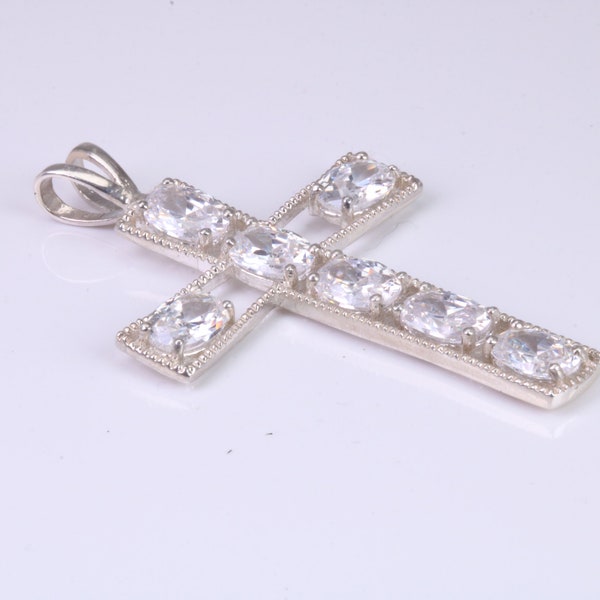 50 mm Long Sterling Silver C Z set Cross Necklace, Made From Solid Cast Silver