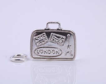 Travel Suitcase Charm, Traditional Charm, Made from Solid 925 Grade Sterling Silver, Complete with Attachment Link