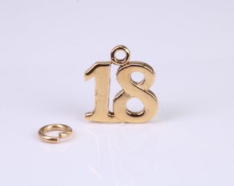 18th Birthday Charm, Made from Solid Cast Yellow Gold, British Hallmarked, Complete with Attachment Link