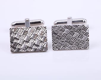 Machine Patterned Large Rectangle Solid Silver Cufflinks