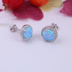 Blue Opal and Cubic Zirconia set Stud Earrings, made from solid Sterling Silver