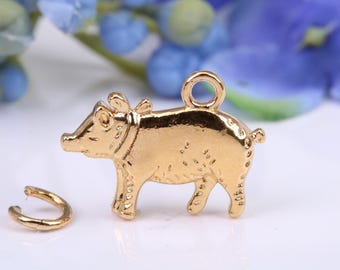 Farm Pig Charm, Made from Solid Yellow Gold, British Hallmarked, Complete with Attachment Link