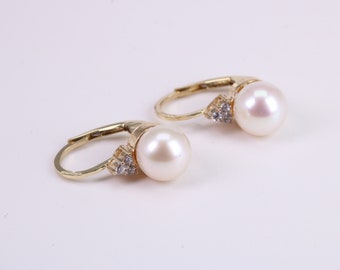 Natural Pearl Set Dropper Hoop Earrings set in Solid Yellow Gold