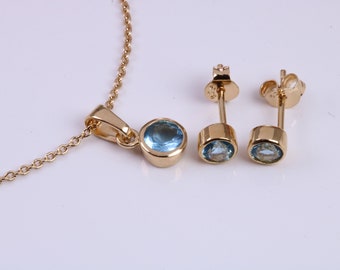 Real Blue Topaz set Necklace and Matching Stud Earrings, made from solid Sterling Silver and 18ct Yellow Gold Plated