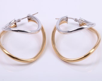 Pendientes criollos grandes de 41 mm de largo con dos colores, hechos de oro amarillo y blanco de 9 quilates, con sello británico