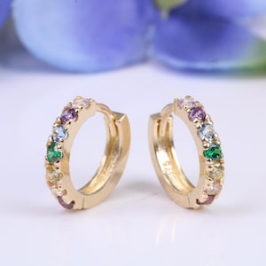 10 mm round hinged hoop earrings, made from solid yellow gold and set with Rainbow Coloured Cubic Zirconia
