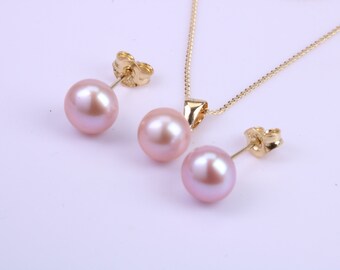 Round Natural Freshwater Pearl Stud Earrings with Matching Necklace set in Solid Yellow Gold