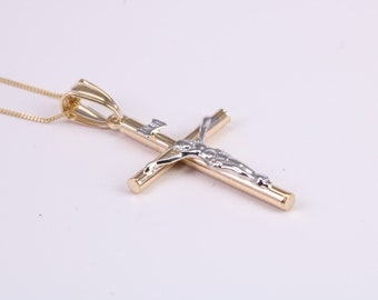 Two Tone Crucifix Necklace Together with 18 Inch Long Chain, Made from Solid Yellow Gold with High Polished Finish