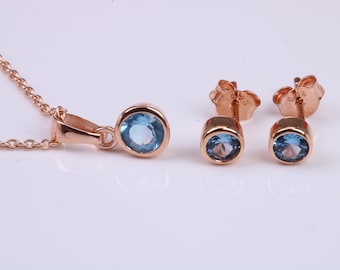 Real Blue Topaz Necklace and Matching Stud Earrings, made from solid Sterling Silver and 18ct Rose Gold Plated