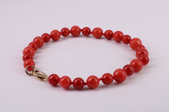 Natural Red Coral Bracelet With Solid Yellow Gold Lobster