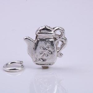 Amuleto de tetera, encanto tradicional, hecho de plata esterlina sólida de grado 925, completo con enlace de fijación