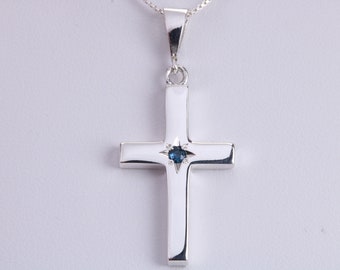 Chunky Real Blue Sapphire set Cross Necklace, Made From Solid Cast Silver, Complete With Chain